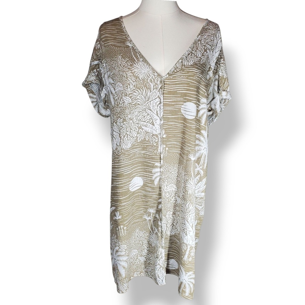 Desmond & Dempsey x H&M Palm Print Dress Women Small Linen V-Neck Green Vacation